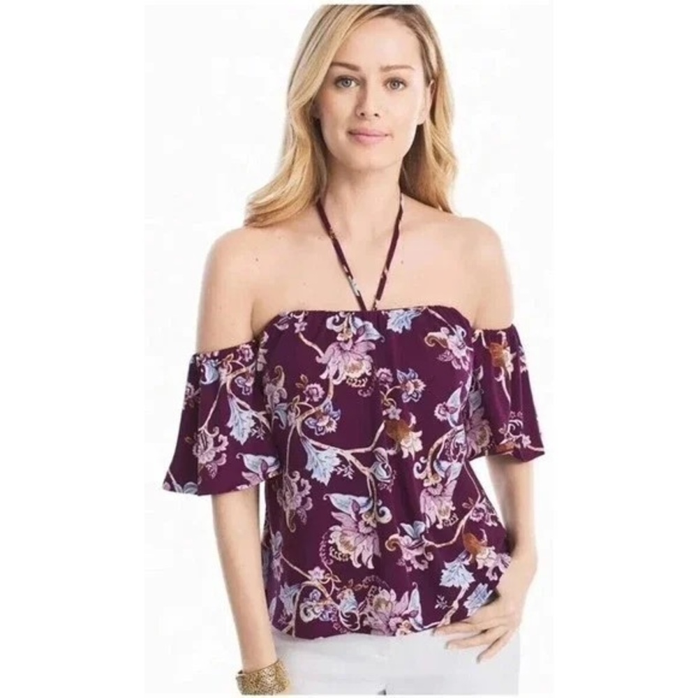 White House Black Market Floral Off-Shoulder Blouse - Purple